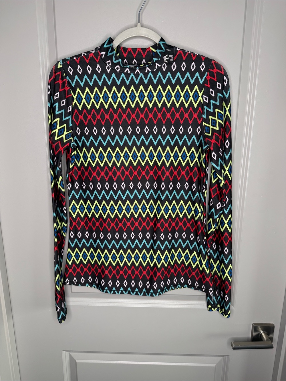 DSG Mock Neck Long Sleeve Geometric Print Top - Black/Red/Yellow/Blue